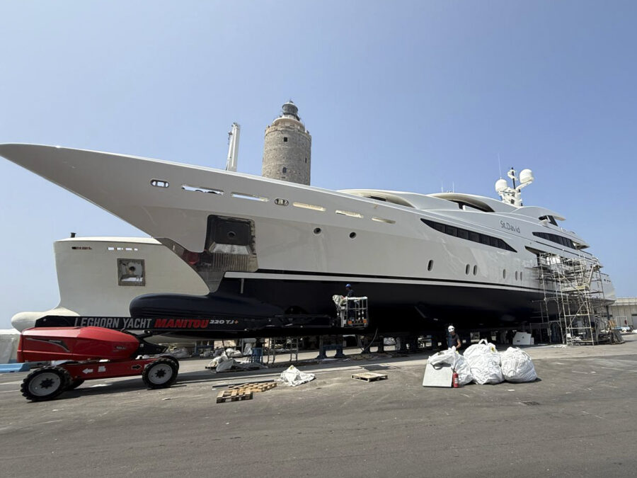 The 60 m Benetti M/Y St. David at anchor, whose seasonal refits WOSA managed from 2016 to 2025